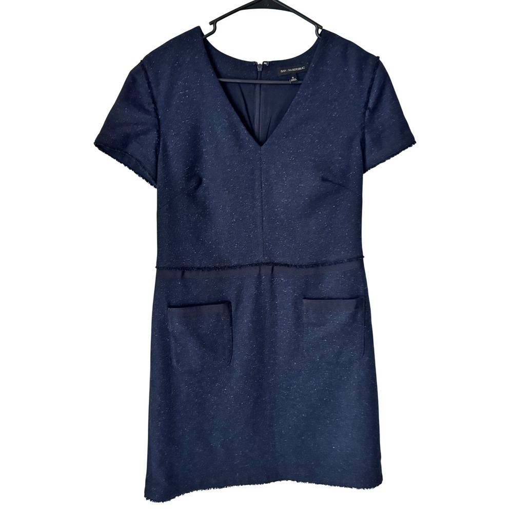 Banana Republic Navy Blue Wool Blend Tweed V-Neck Sheath Dress with Pockets 6